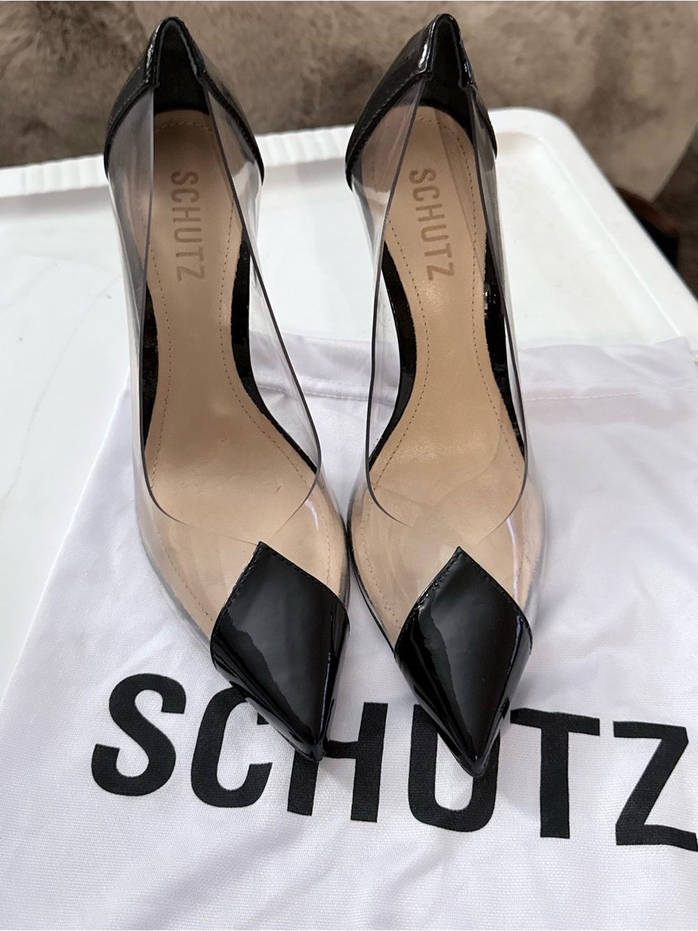 SCHUTZ Black Patent and Clear Pointed-Toe Pumps